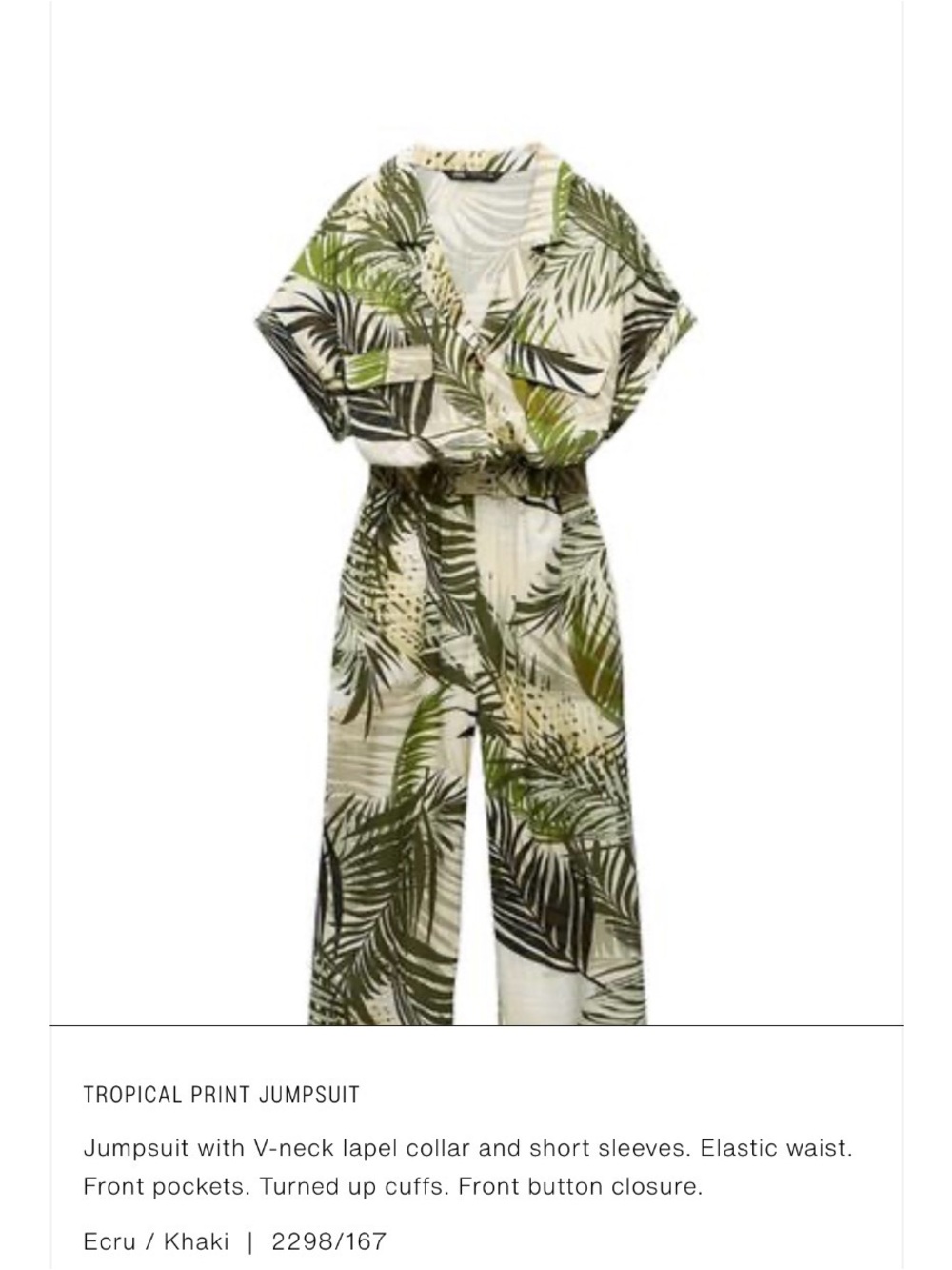 Zara Tropical Palm-Print Jumpsuit in Ecru and Khaki
